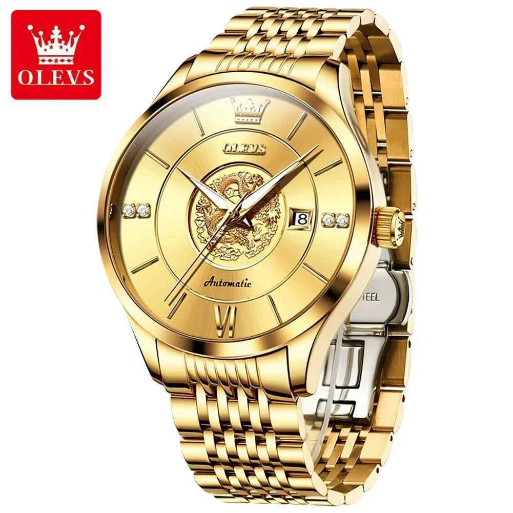 OLEVS 6693 Custom logo Oem Fashion Luminous Stainless Steel Gold Waterproof Dragon Pattern Automatic Mechanical Watch for  Man