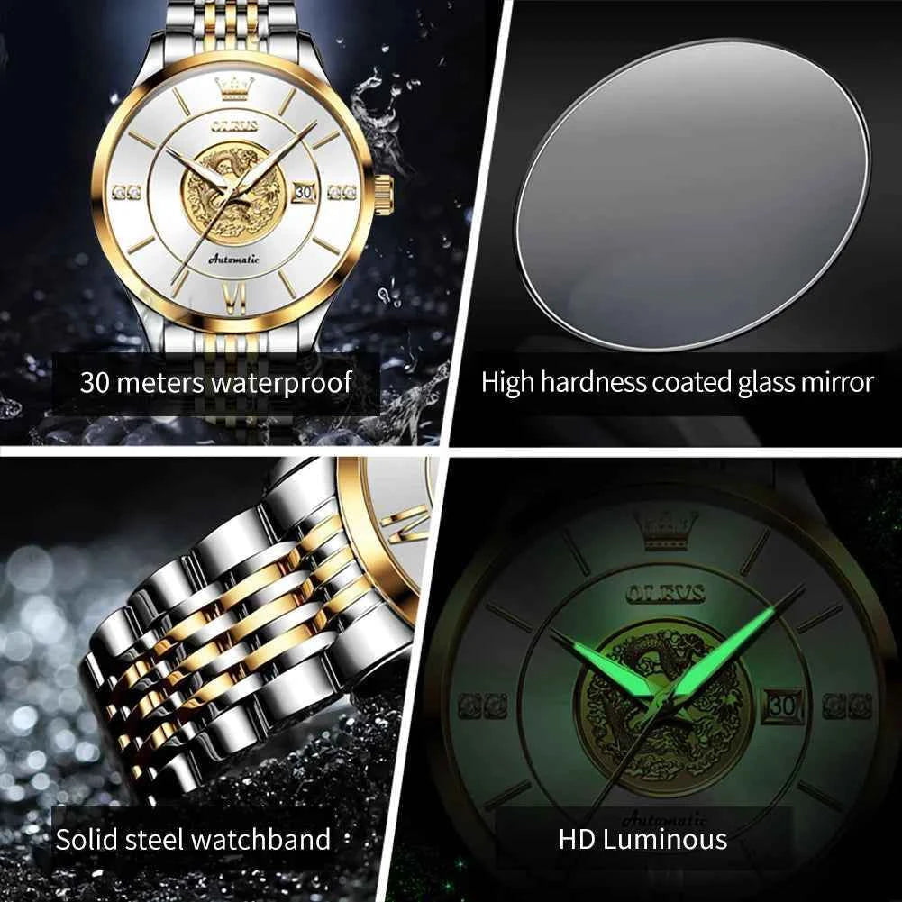 OLEVS 6693 Custom logo Oem Fashion Luminous Stainless Steel Gold Waterproof Dragon Pattern Automatic Mechanical Watch for  Man