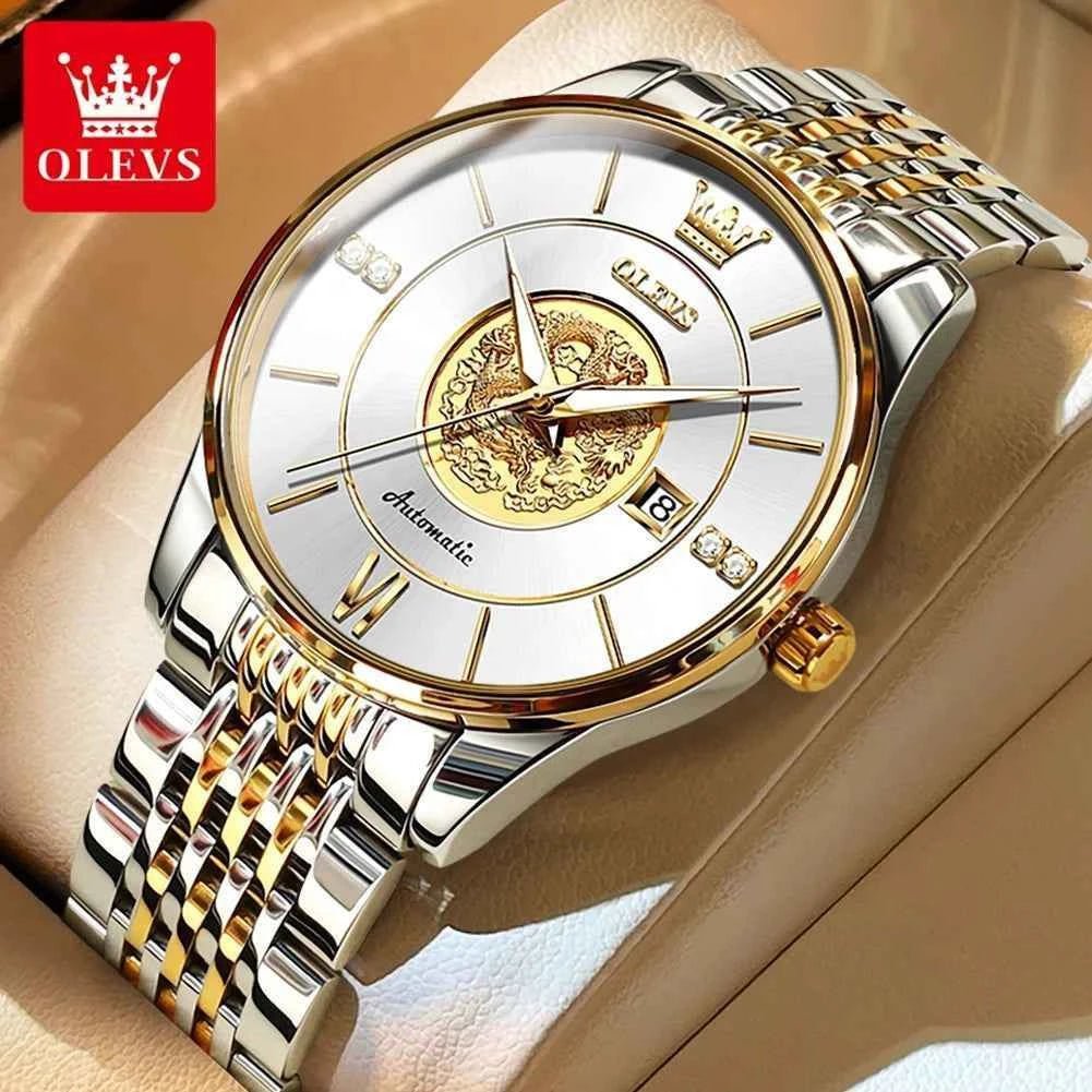 OLEVS 6693 Custom logo Oem Fashion Luminous Stainless Steel Gold Waterproof Dragon Pattern Automatic Mechanical Watch for  Man