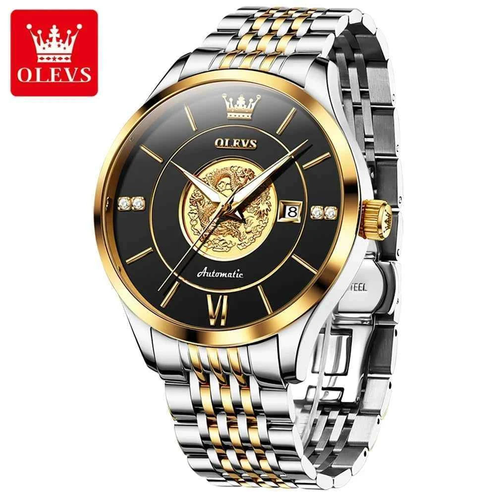 OLEVS 6693 Custom logo Oem Fashion Luminous Stainless Steel Gold Waterproof Dragon Pattern Automatic Mechanical Watch for  Man