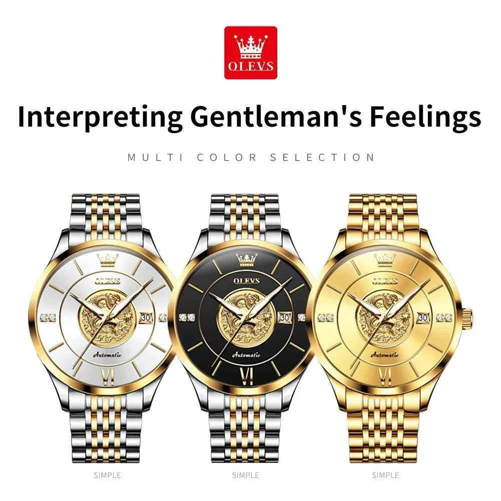 OLEVS 6693 Custom logo Oem Fashion Luminous Stainless Steel Gold Waterproof Dragon Pattern Automatic Mechanical Watch for  Man