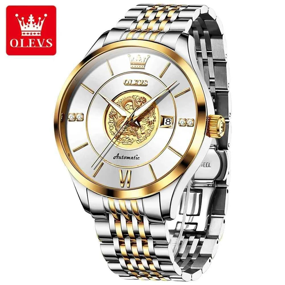 OLEVS 6693 Custom logo Oem Fashion Luminous Stainless Steel Gold Waterproof Dragon Pattern Automatic Mechanical Watch for  Man